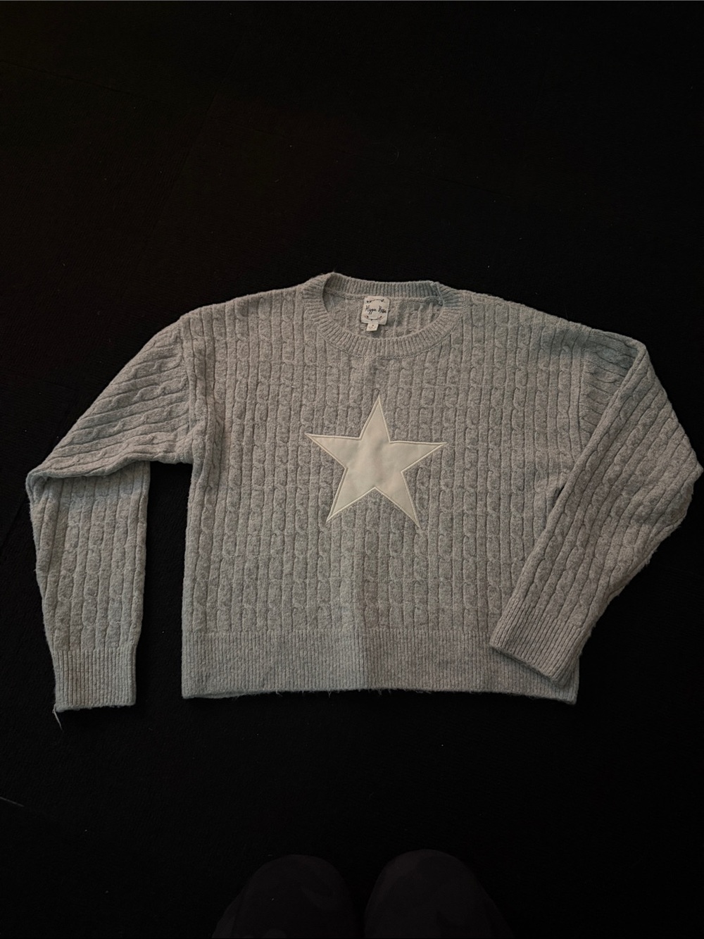 Hippie Rose Light Gray Cable-Knit Crewneck Sweater with Star Patch